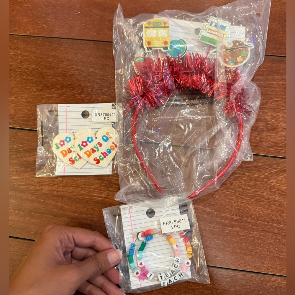 Bundle! Teacher accessories- Red Tinsel Headband and 2 Teacher earrings NEW